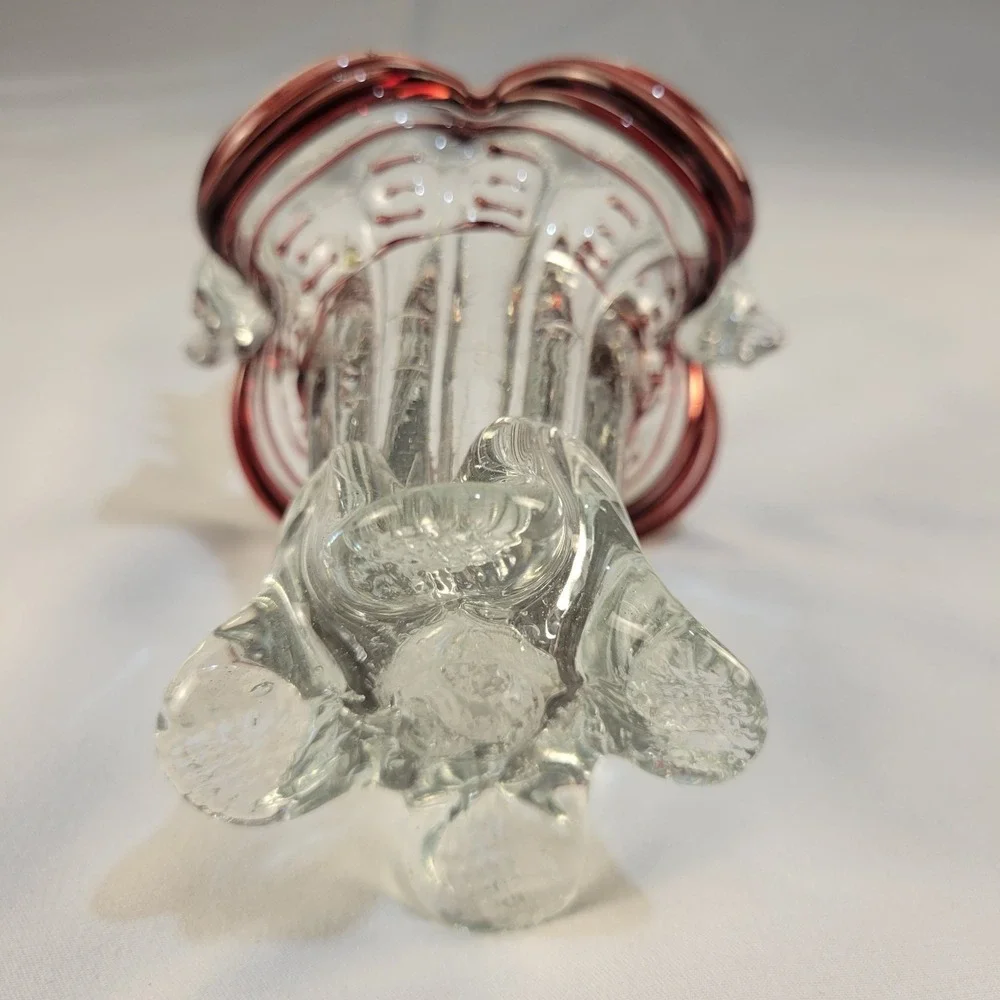 Mid Century Venetian Murano Art Glass Basket Clear w/Cranberry Striping